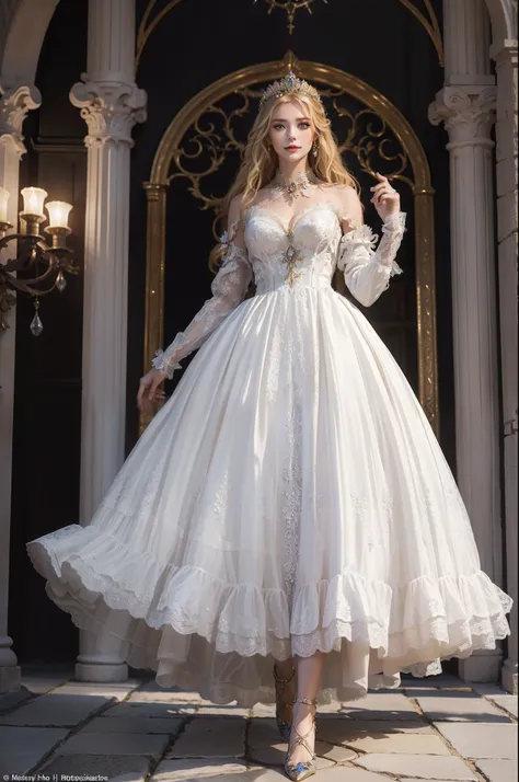 ((top-quality、​masterpiece、photographrealistic:1.4、in 8K))、Beautuful Women、18year old、Beautiful expression、a blond、extremely detailed eye and face、beatiful detailed eyes、Formal Gloves、（Luxury dress in medieval European style with gorgeous iridescent colors...