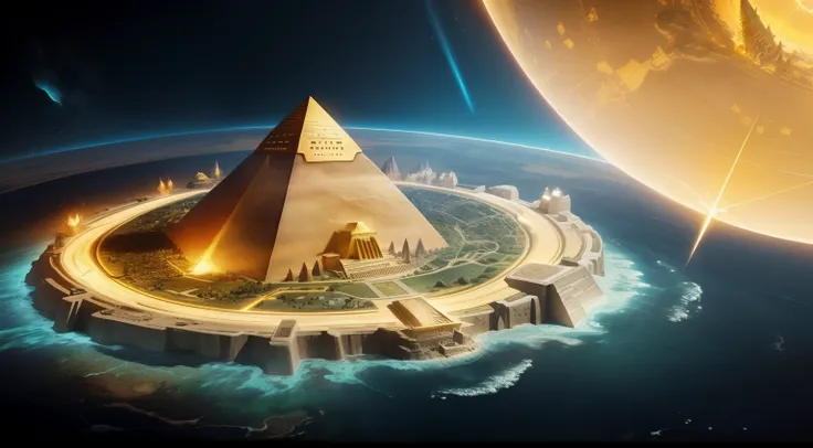 a futuristic cartography map of a fantasy world, (not earth), high detail, a large golden pyramid is in the center of the map, a large tree at the bottom of the map, and between them is a large desert. There is a sea around the map which is made of fire.