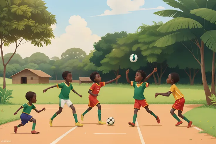 Year: 2019
Country: Guinea-Bissau
Description: In the tranquil countryside of Gabú, a small group of children engages in a playful game of soccer on a sun-drenched field. Their vibrant uniforms contrast with the lush greenery, capturing the carefree spirit...