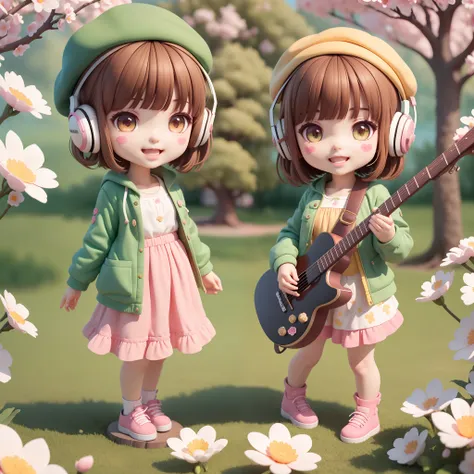 (masterpiece),(best quality),(ultra-detailed), (full body:1.2),
1girl,chibi,cute, smile, open mouth,
flower, outdoors, playing guitar, music, beret, holding guitar, jacket, blush, tree, :3, shirt, short hair, cherry blossoms, green headwear, blurry, brown ...