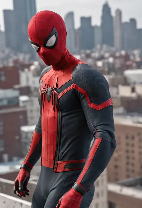 Spider - Man in suit standing on a roof with a city in the background, Pedro Parker, Homem-Aranha, aranha - homem, Retrato do Homem-Aranha, hq 4k papel de parede, Aranha altamente detalhada - Man, Peter Parker como Homem-Aranha, Estilo futurista Homem-Aran...