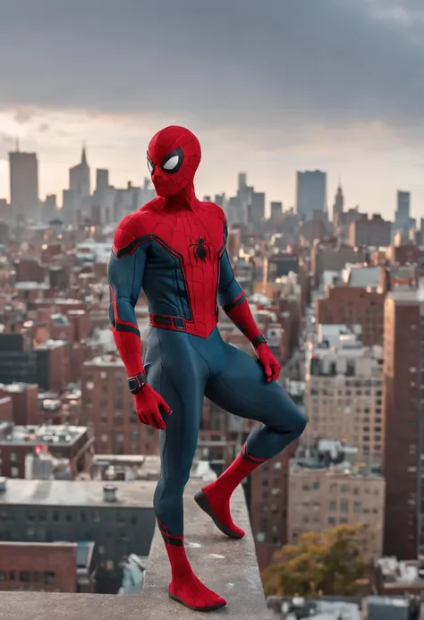 Spider - Man in suit standing on a roof with a city in the background, Pedro Parker, Homem-Aranha, aranha - homem, Retrato do Homem-Aranha, hq 4k papel de parede, Aranha altamente detalhada - Man, Peter Parker como Homem-Aranha, Estilo futurista Homem-Aran...