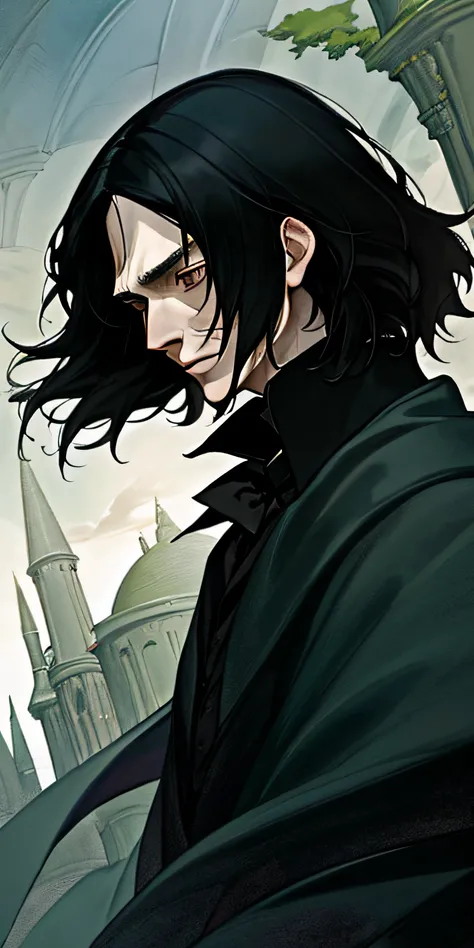 masterpiece, best quality, Severus snape, young, black hair, fantasy scenery, (upper body)