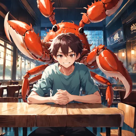 There was a boy sitting down，Young and handsome Wanya face, In the restaurant，Freshwater crab cuisine，Freshwater crabs，Hairy crabs，A smile　bigeyes９0s style anime retro