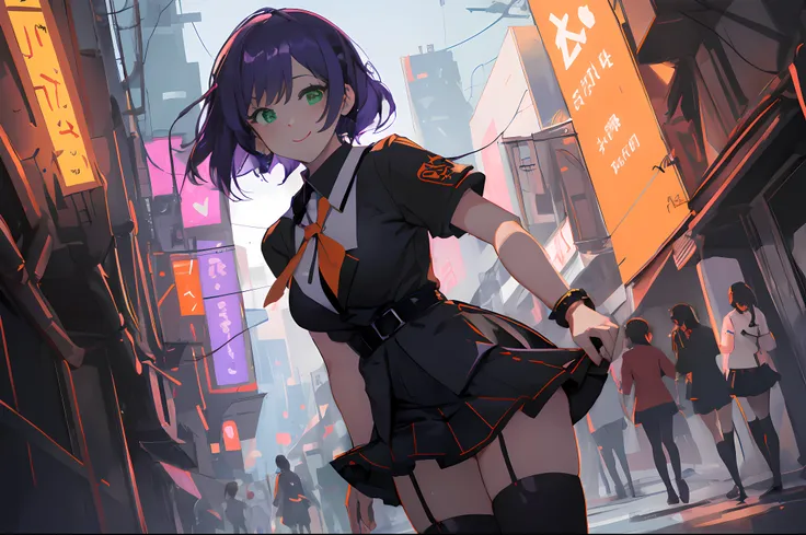 masutepiece, Drawn cartoon character dressed in orange and black skirt and thigh height, 1girl in, Solo, thighs thighs thighs thighs, Green eyes, Purple hair, School uniform, White blouses、Skirt, zettai ryouiki, Smile, Large breasts, Academic City, School,...