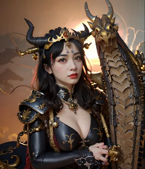 Professional , ​masterpiece、top-quality、photos realistic , depth of fields （Gemstone Black Metal Body:1.９),(Enamel Black、（cleavage of the breast）、（Chinese Dragon）、Dragon Gold Weapon（Dragon Metal Body:1.４),Gorgeous gold weapons ,（（ Dragons dense and gorgeou...