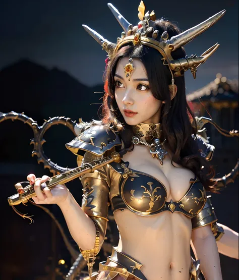 Professional , ​masterpiece、top-quality、photos realistic , depth of fields （Gemstone Black Metal Body:1.９),(Enamel Black、（cleavage of the breast）、（Chinese Dragon）、Dragon Gold Weapon（Dragon Metal Body:1.４),Gorgeous gold weapons ,（（ Dragons dense and gorgeou...