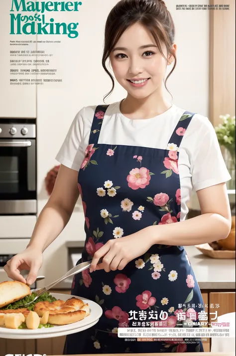 (Best Quality, Masterpiece), Front cover of a womens cooking magazine, 1girl, 30 years old, stunning, cute, heartwarming smile, hourglass figure, wearing floral dress, pinny apron, beautiful food, text, diagrams, advertisements, magazine title