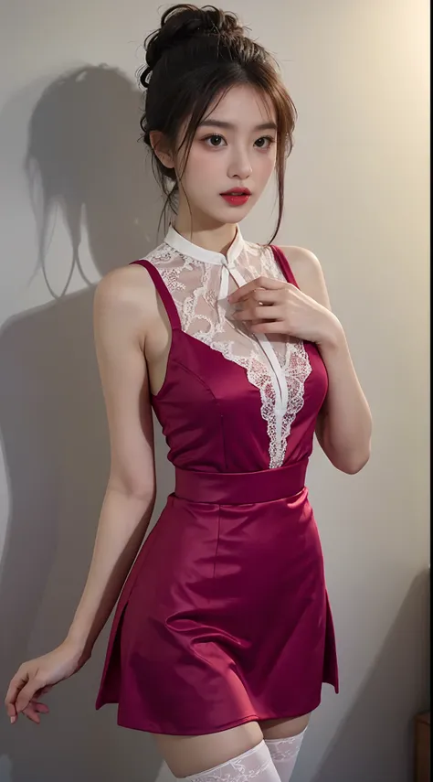 A perfect young female white-collar worker，Chinese big breasts，High picture quality，Works of masters，Black hair，Single horsetail，hair adornments，cropped shoulders，鎖骨，exquisite face，Hydrated red lips，face fill light，（（Wear colorful and stylish summer sailor...