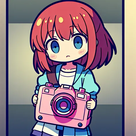 A girl holds a pink camera