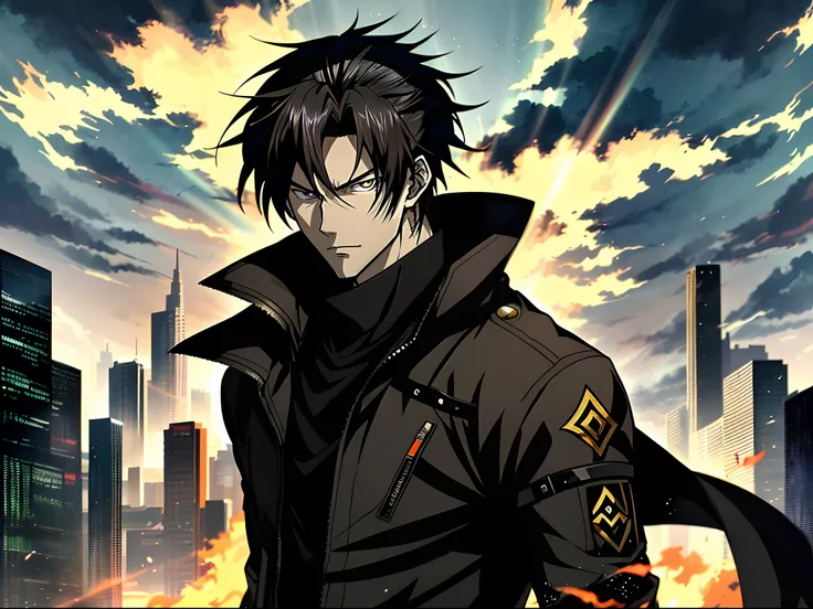 Anime man in a black coat,nigth， Black eyes，Black clouds，Anime handsome man, Anime portrait of a handsome man, anime concept hdr anime macmanus, Key anime art, male anime character