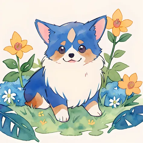 corgi:1.5、cute little、big eye、fluffy fur、simple background、watercolor paiting、springtime