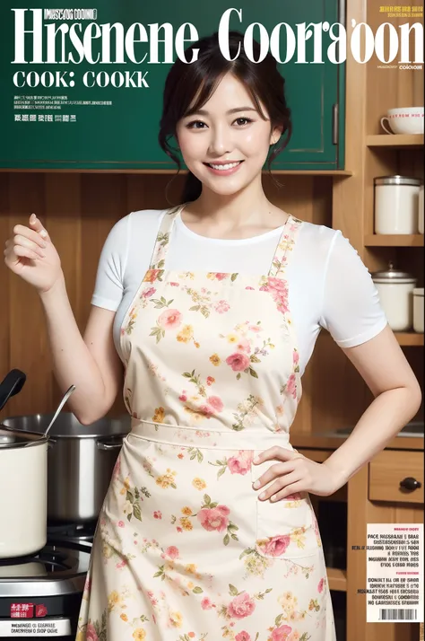 (Best Quality, Masterpiece), Front cover of a womens cooking magazine, 1girl, 30 years old, stunning, cute, heartwarming smile, hourglass figure, wearing floral dress, pinny apron, beautiful food, text, diagrams, advertisements, magazine title