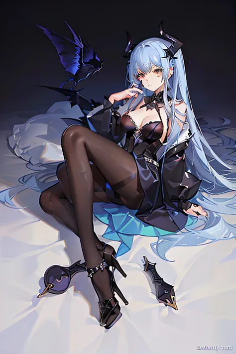 Anime character succubus sky blue long hair black dress black silk pantyhose black high heels，Lazy beautiful big sister