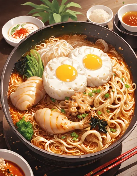 Delicious and tempting spicy noodles，Fresh vegetables are plentiful，The poached egg aroma is overflowing，Brown conch is delicious and delicious，Pepper has a strong flavor，The yellow bamboo shoots are crispy and delicious，The fungus has a delicate taste，Soy...