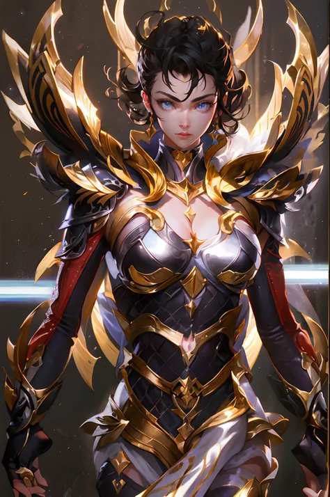 Ultra-high saturation，（tmasterpiece）， fully body photo，（best qualtiy）， （1girll）， starryskybackground，Wearing shiny gold armor， Sexy lingerie type armor，Expose your chest，Expose the waistline，Exposing thighs，cool-pose， Saint Seiya Armor， messy  hair，high de...