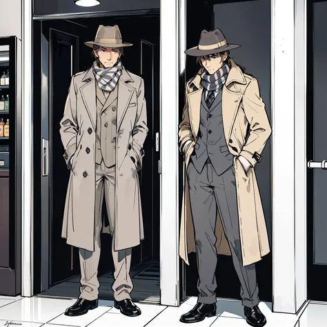 A single man, striped gray business suit, similarly colored leather gloves, a grayed scarf, and heavily unpolished elevator shoes. More signature of his apparel is his brown trench coat with his matching fedora hat that has a dark stripe, bar