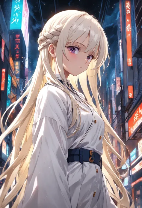 white  clothes，white skinned，Long braids，whaite hair，Golden eyes，Look up