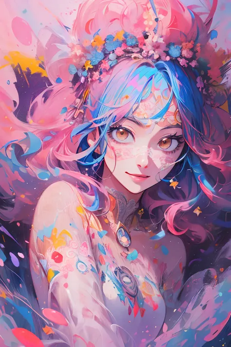 ((flowercrown)),Contemporary art created by tracing traces of colorful ink、​masterpiece、ultra-detailliert、pop-art、innocent smiles、eye glass、(1 girl, Solo:1.6),(Cute smile), (Best Impact:1.5), (maximalism:1.7), Vivid contrast, (Realistic), hyperrealistic il...