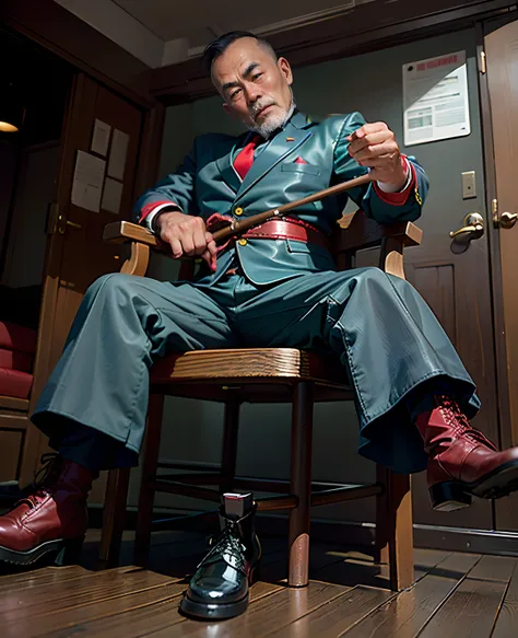 A 50-year-old middle-aged Chinese man sits in a chair，jpn，Chinese man，Red trousers，He wears a pair of red riding boots on his legs, Wearing a red suit，red necktie，Red back，Back head，Black color hair，largeeyes，With a whip in his hand，tom of finland style