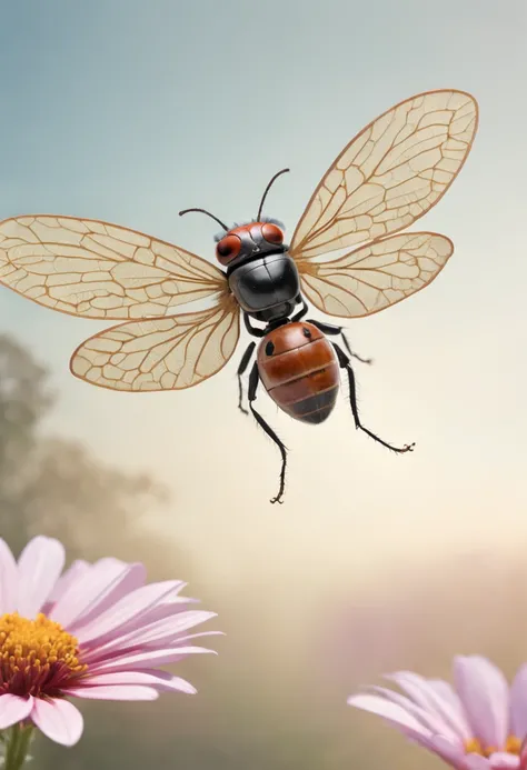 a cartoon flying bug on a flower, in the style of art nouveau-inspired illustrations, detailed skies, chinapunk, illustrative storytelling, solarizing master, quito school, visually poetic