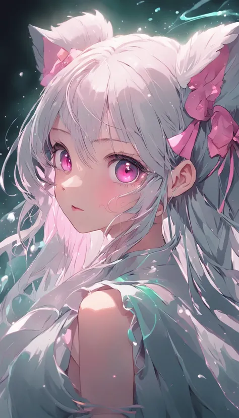 ((8K illustration,Great Masterpiece, Best quality,style of retro)),((light grey hair,long twintails,straight hair)),((watery eyeballs,deep emerald eyes)),(((pink headband))),((pink rabbit ears)), ((Ray tracing ,Best illumination,concentrated haze,Best cine...