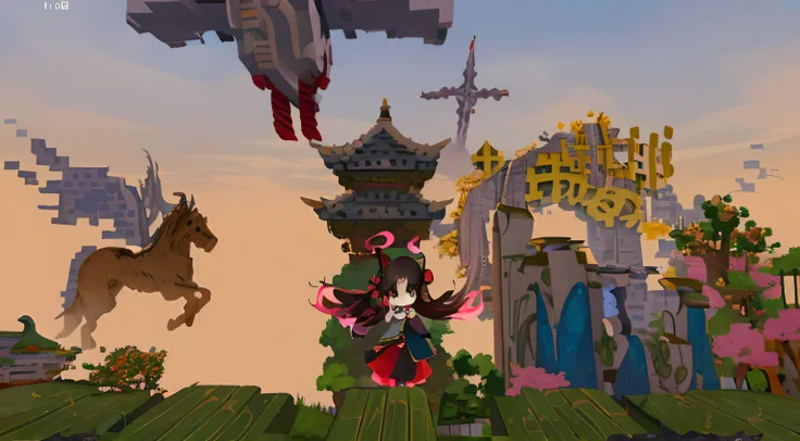 there is a cartoon picture of a woman flying over a castle, stylized anime, onmyoji, ultra wide gameplay screenshot, onmyoji detailed art, gameplay screenshot with ui, wakfu colors + symmetry, artistic render of reimu hakurei, gameplay still, jellyfish shr...