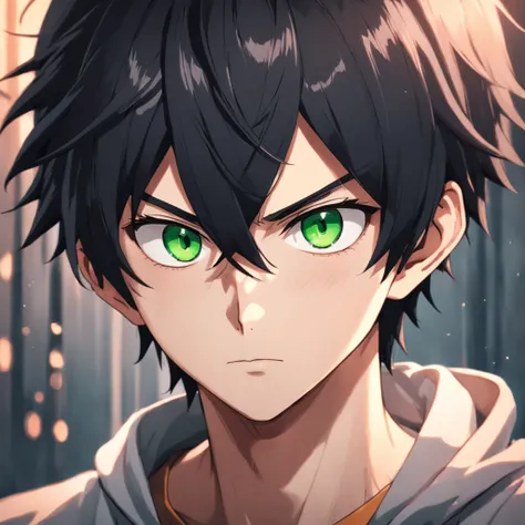 desiludido, anime boy with black hair and green eyes staring at camera, Nice realistic portrait, anime semi-realista, detailed anime soft face made by anime painter studio, Retrato anime do homem bonito, realistic anime art style, arte cg anime suave, anim...