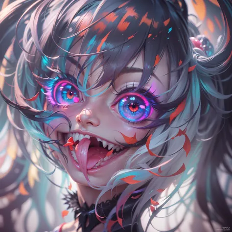 multicolored hair, glowing eyes, makeup, evil smile, tongue out, Surrealism, close-up, Eye-Level Shot, ray tracing, Conceptual art, anime, Gothic art, 8k, super detail, best quality, textured skin, super detail, high quality, high details, retina, masterpi...