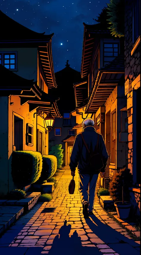 an old man returning to his home from street,  night