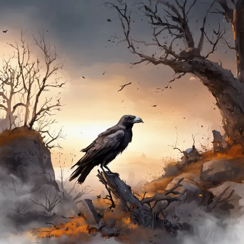 Two crows on a dead tree, A shadow shaped like a walker, Starry night, Thick fog on the ground, Blue light on the horizon, Unreal Engine 5, Cinematic, low angle photography, Motion blur, Depth of field, Dust, Cobblestones and dirt. Splash Art, dripping pai...