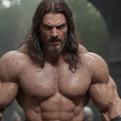 (professional 3d render:1.3) af (Realistic:1.3) most beautiful artwork photo in the world，Features soft and shiny male heroes, ((Epic hero fantasy muscle man rough wet hero angry looking long hair short beard and ferocious expression in dynamic pose, Fanta...