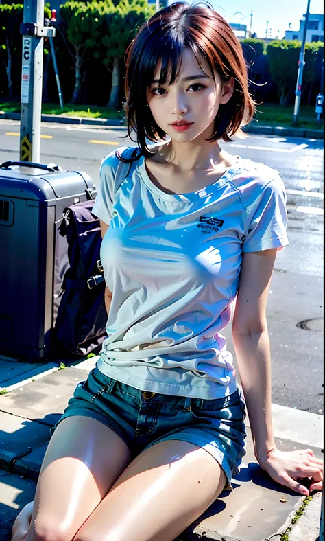 8K,Woman in white t-shirt、 Full-body photographs、Raising legs、trending on r/Street attire, Narrative, T-shirt, small tits、In a white T-shirt, 2 0 2 0 fashion, casual clothing style, posh, Wearing a white T-shirt, Fear of Gods Style, ふしだらな, shortpants、weari...