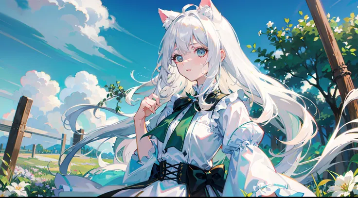 White-haired girl，green pupills，Side photo，The background is a sea of flowers，There are swings，There is wind，hair flowing，There is a cat behind the cats ear