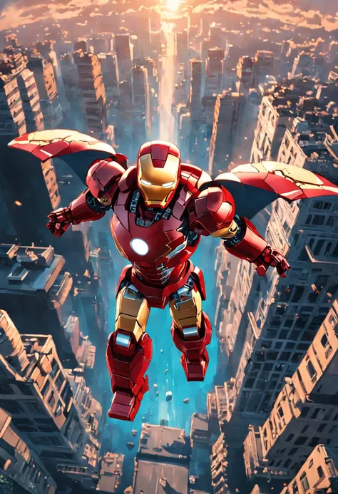 The masterpiece Lego Iron Man flying in the city sky, HD