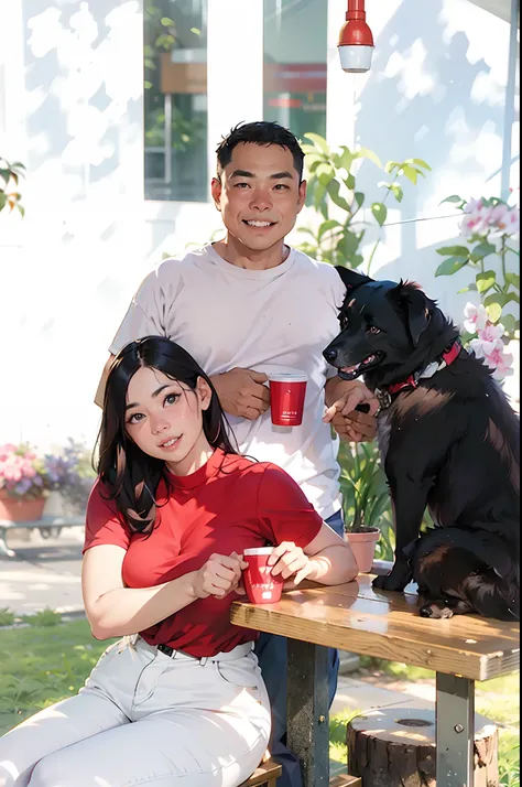 there are two people smile and a dog sitting on a bench, tyler edlin and natasha tan, pets, photo portrait, portrait image, coffee, dog, full protrait, extremely graphic, portrait shot, portrait, family photo, natasha tan maciej kuciara, cindy avelino, ful...