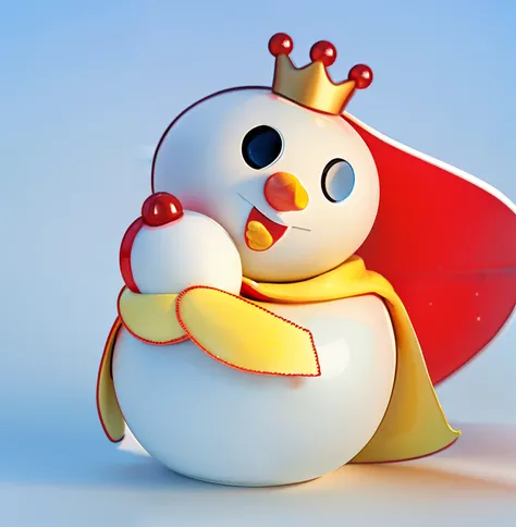 The snowman holds a yellow lemon，Very happy，White crown，Red cape，The snowmans body and face are white