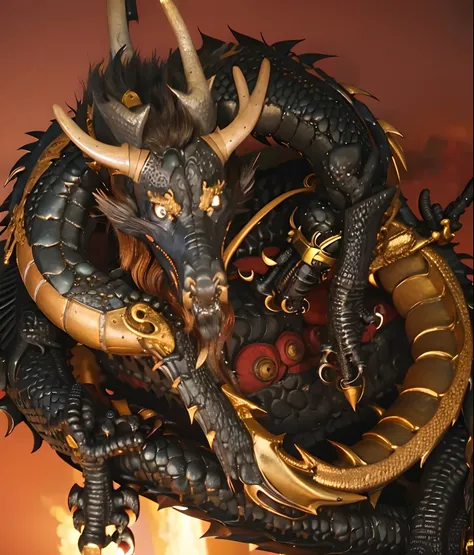 Professional , ​masterpiece、top-quality、photos realistic , depth of fields （Gemstone Black Metal Body:1.９),(Enamel Black、（cleavage of the breast）、（Chinese Dragon）、Dragon Gold Weapon（Dragon Metal Body:1.４),Gorgeous gold weapons ,（（ Dragons dense and gorgeou...