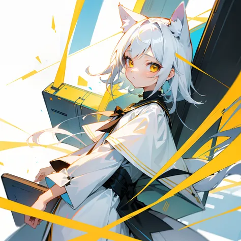 1girl，shota，(high-definition quality，Masterpiece level)，Fresh and cold girl character，Cat ears and cat tail accentuate the characters sense of belonging，The yellow eyes and the color of the white hair echo each other，The clean lines of the yellow clothes s...