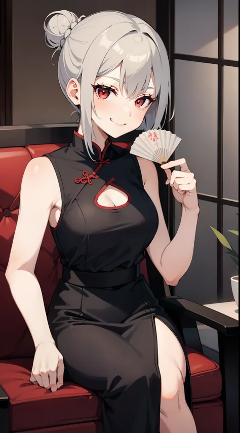 young girl, short gray hair, hair in a bun, red-eyes, smirk, grey chinese dress, translucent, fan, smirk, Sits, Masterpiece, hiquality