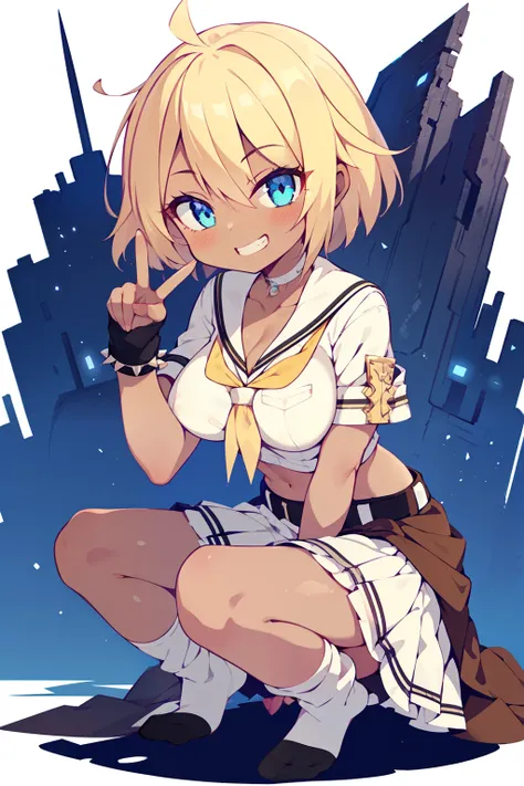 1girl in, Solo, Perfect body, (Super Detail:1.1), (Best Quality:1.1), Cute Girl, (gals:1.5), (White School Uniform:1.2), (tiered layers skirt:1.4), very large breast, (a blond:1.2), (Short hair, spiked hair:1.2), Black Ribbon Hair Fastening, (very long eye...