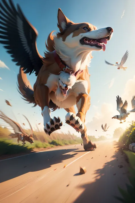 A very dynamic scene. Dog chasing a huge bird, Disney Cartoon Style, 3D model, super realistic, Cinematic. Motion-blurred background. Light haze.