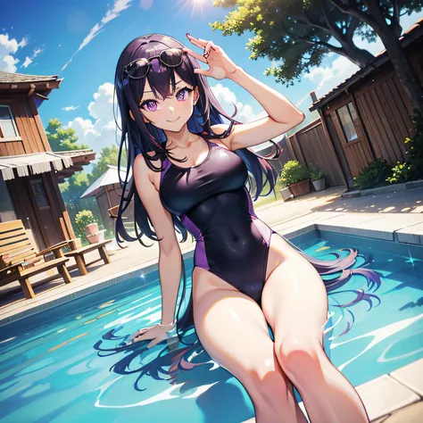 1girl, solo, Hoshino Ai, symbol-shaped pupils, star-shaped pupils, bright purple eyes, sparkling eyes, star in eye, symbol in eye, purple hair, long hair, angle outfit (masterpiece:1.2), highres, best quality, 8k, very clear, pool, house laying down on bac...