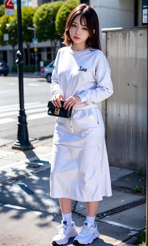 Woman in white sweatshirt、FULL BODYSHOT、 Raising legs、trending on r/Street attire, Narrative, swet, small tits、In a white T-shirt, 2 0 2 0 fashion, casual clothing style, posh, Wearing a white sweatshirt, Fear of Gods Style, ふしだらな, long  skirt、Wearing a sw...