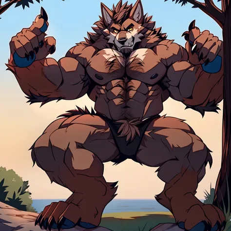 muscular werewolf，Hairy all over，clawed paws，erect through