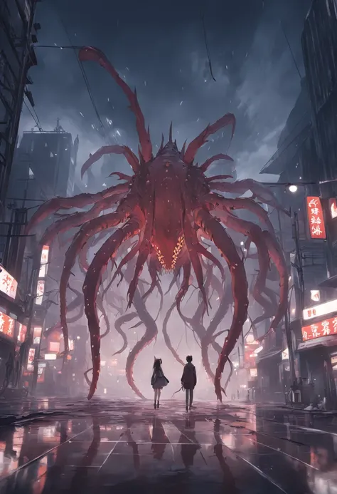 Best quality, Masterpiece, Ultra-high resolution, Super huge and ferocious monster（Sea shrimp），Hidden in thick fog，Realisticstyle，Terrifying atmosphere，Bloody red eyes, Broken streets, Broken cities, The ground is covered with gravel, Billboard for broken ...