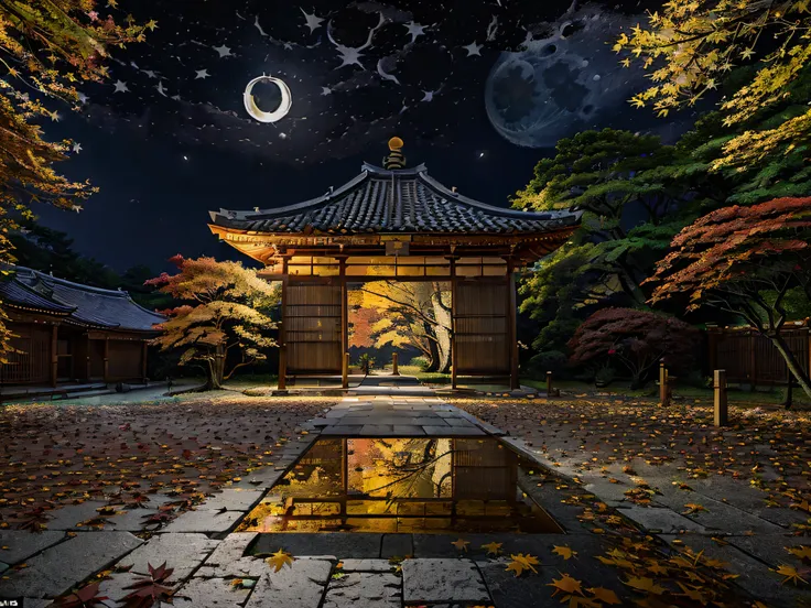 ((((night situation:1.5)))), ((moon light:1.37))), an illustration of the scenery of the autumn leaves are depicted in a double ...