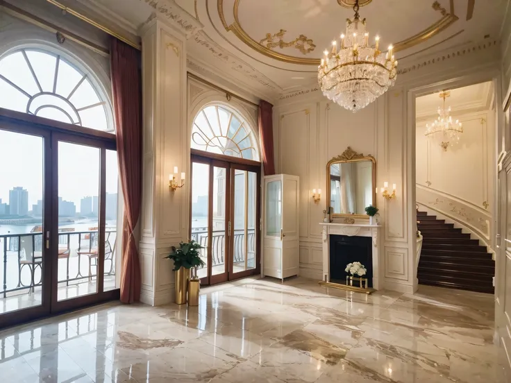 tmasterpiece/best qualtiy/8K/Ultra-high resolution, real light and shadow，Welcome to this breathtaking duplex suite！From the spacious living room paved with marble，to a crystal inlaid chandelier，Every detail exudes endless luxury。Large floor-to-ceiling win...