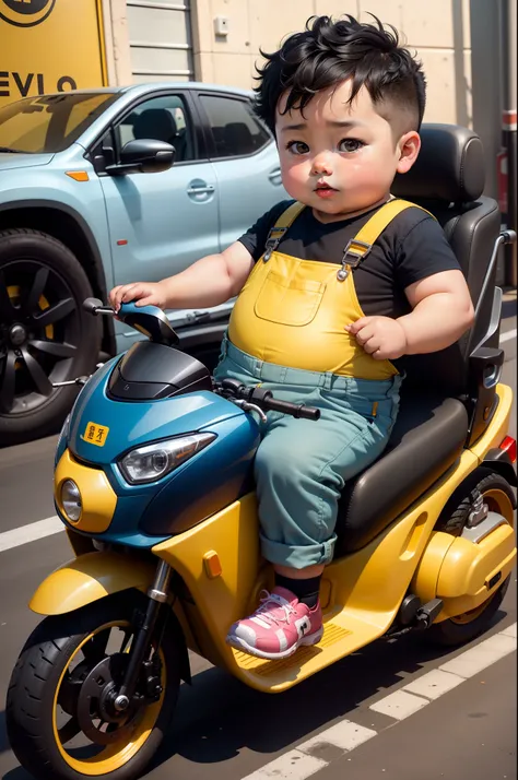 A slightly chubby boy of 3 years old in China， Wear yellow overalls，Wear a safety helmet，Delivery boy，Ride an electric car，There is an incubator for takeout in the back seat of the car，On the street，Black hair， adolable， with brown eye，by Pixar, tchibi，fro...