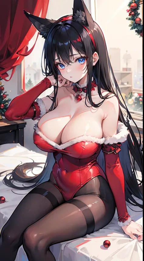 High quality, masterpiece, ultra-detailed, thighband pantyhouse, red christmas lingerie, 1girl, solo, peaceful expression, long black hair, enchanting blue eyes, fox ears, ridiculously large breasts, grabbing own breast, shiny skin, bedroom, christmas